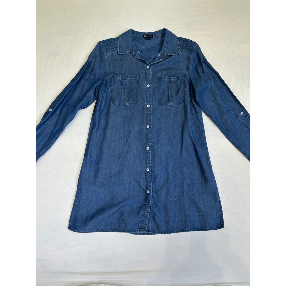 New Directions Womens Denim Shirt Dress Blue Long Sleeve Roll Tab‎ Tunic Small